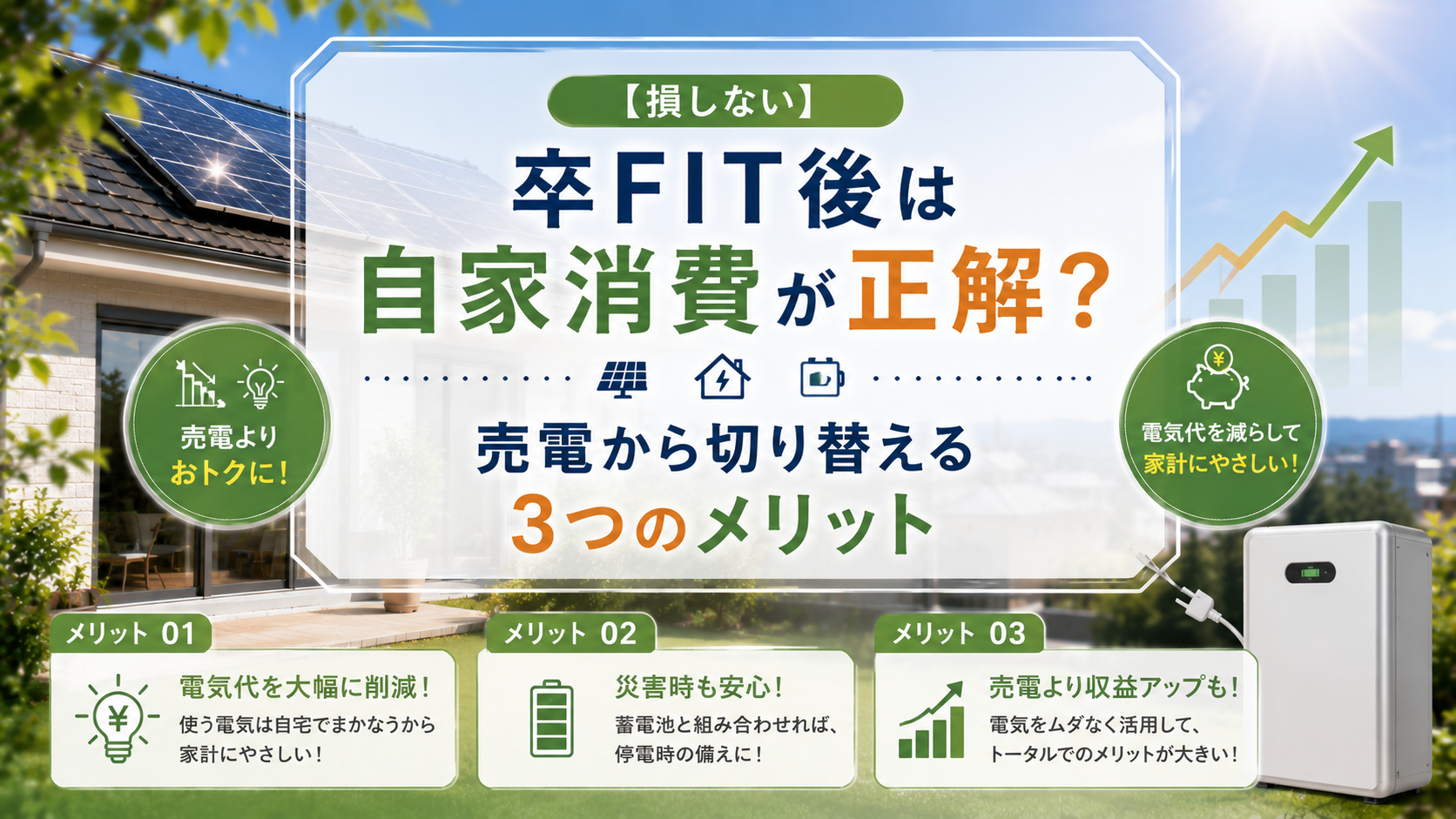 【損しない】卒FIT後は自家消費が正解？売電から切り替える3つのメリット アイキャッチ画像